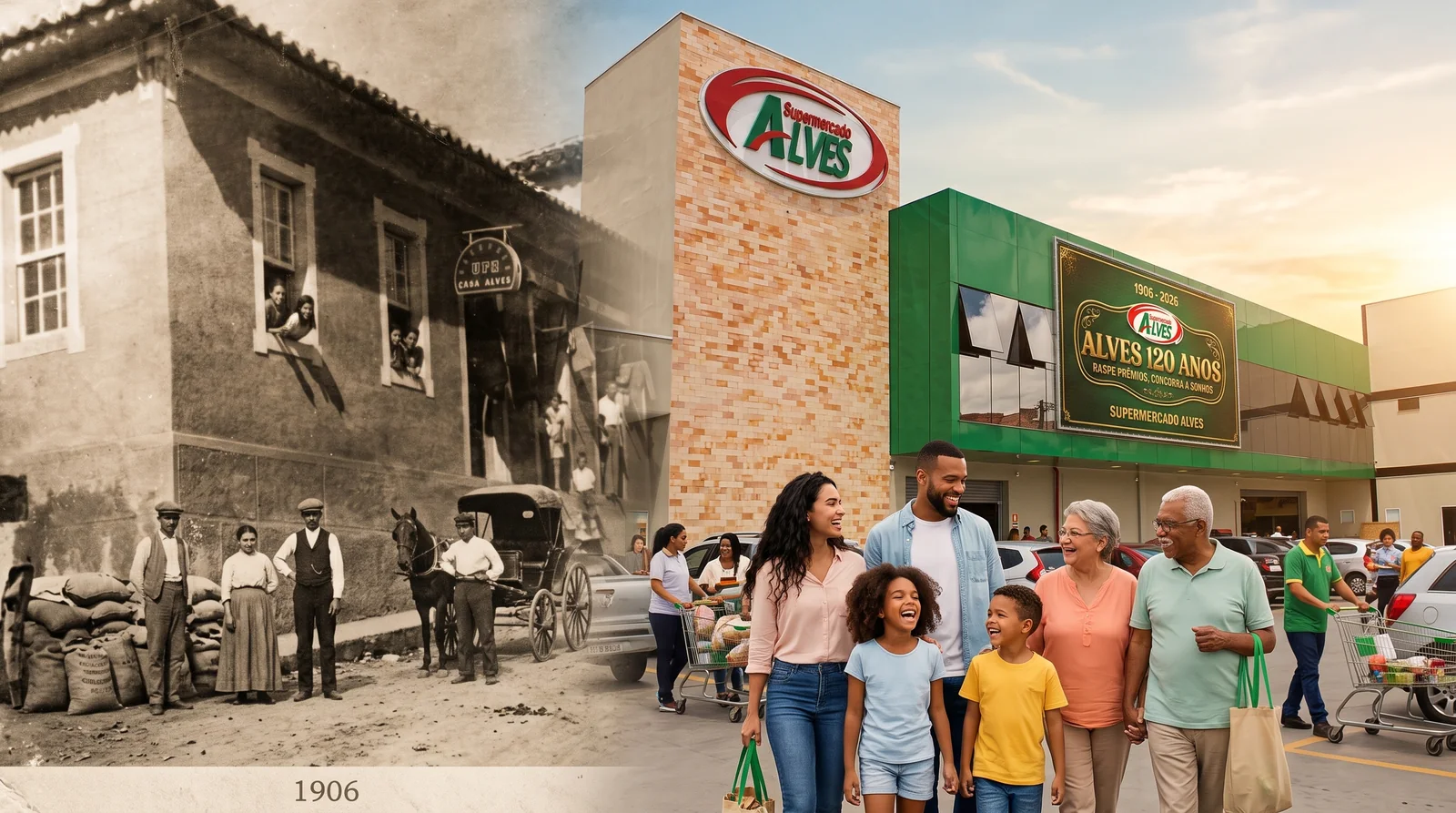 Montagem com uma foto antiga de 1906 e o Supermercado Alves de hoje, com famílias fazendo compras.